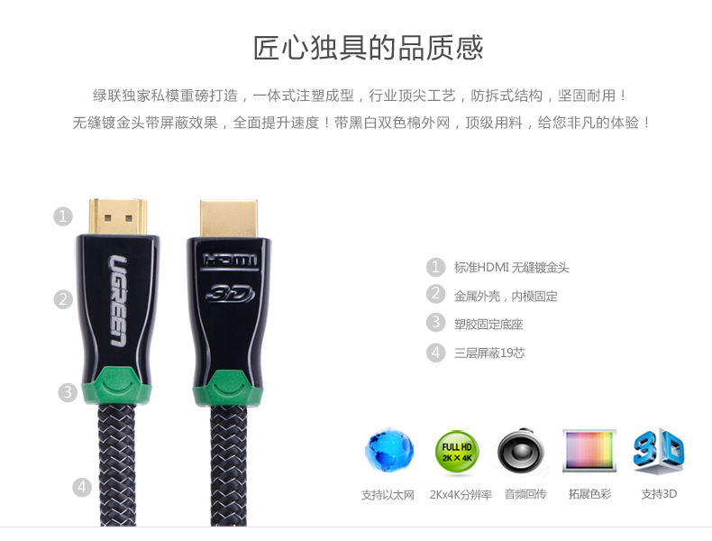 意昂2 hd126 HDMI高清线4K发烧级无缝镀金3D