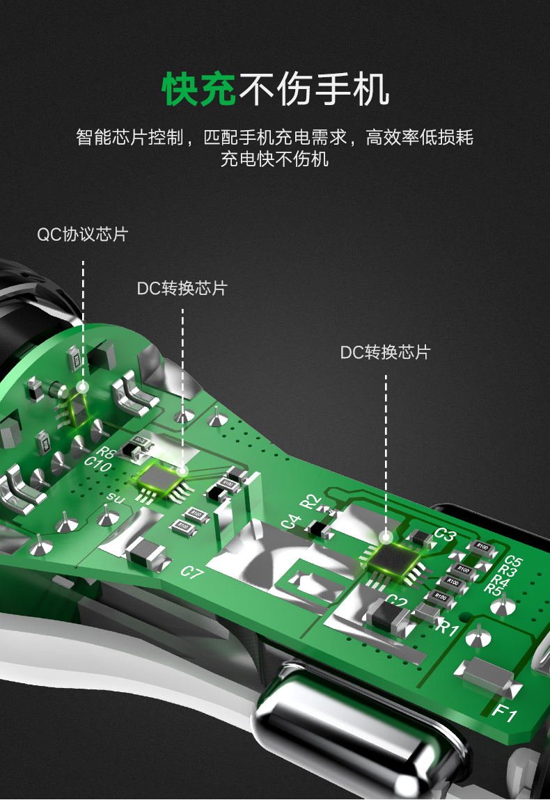 意昂2QC3.0车载充电器,一拖二双口通用车充