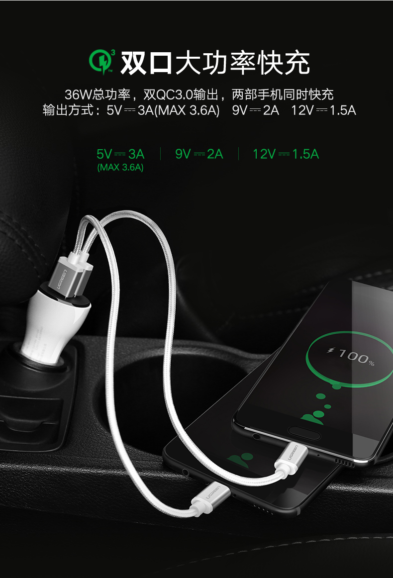 意昂2QC3.0车载充电器,一拖二双口通用车充