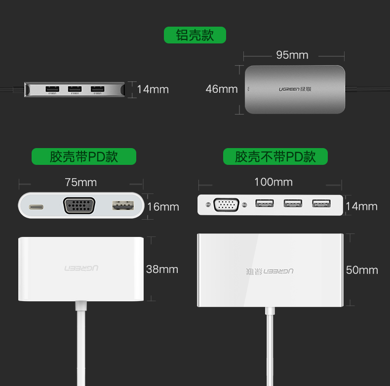 意昂2Type-C转VGA转换器，3口USB华为Mate10苹果MacBook笔记本扩展坞