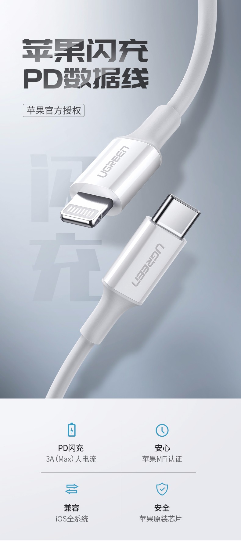 意昂2PD闪充线，苹果授权USB-C转lightning快充线