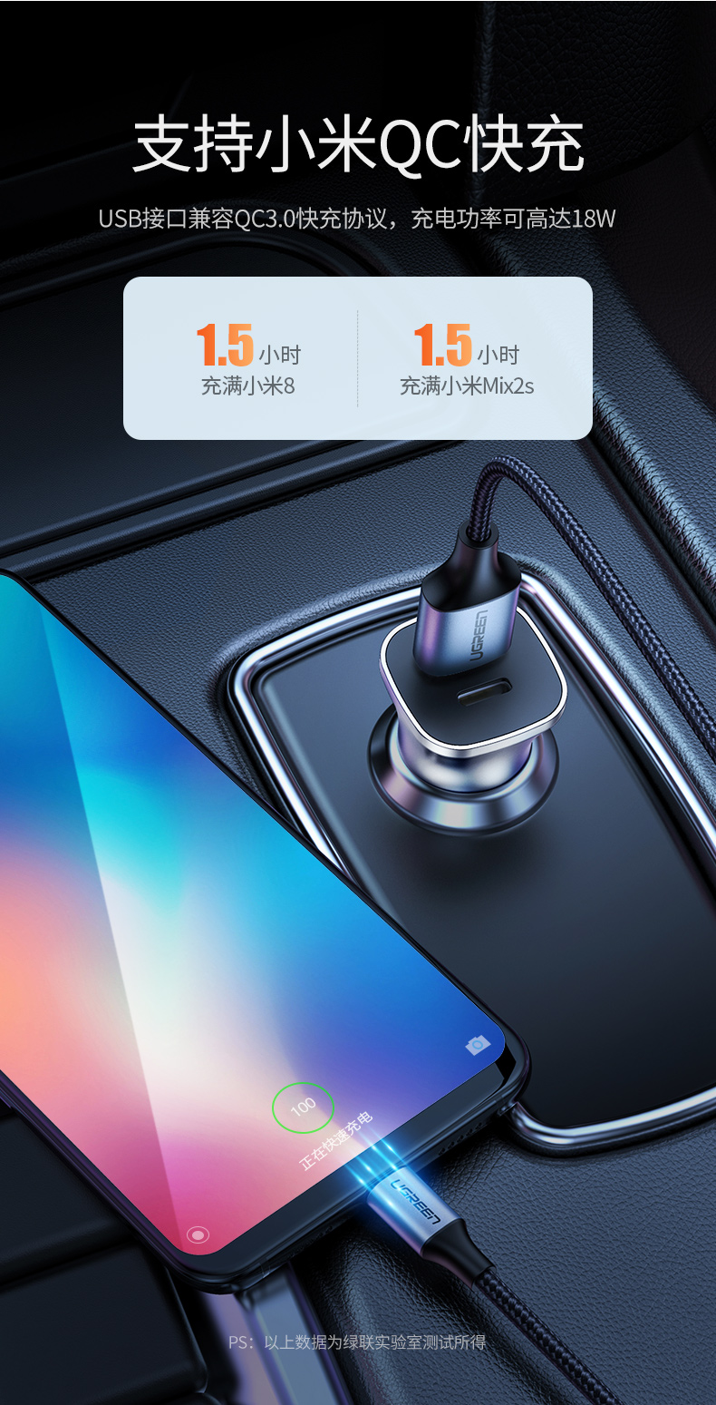 意昂2PD快充车载充电器，Type-C+USB一拖二点烟器车充