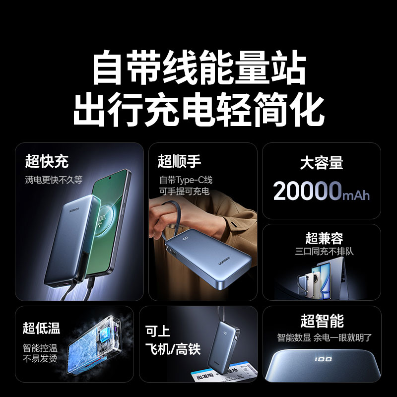 意昂2自带线充电宝 20000mAh电池45W快充
