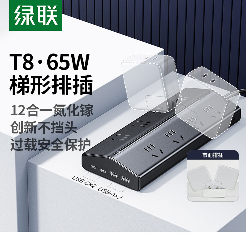 意昂2T8氮化镓65W快充梯形排插 桌面充电站