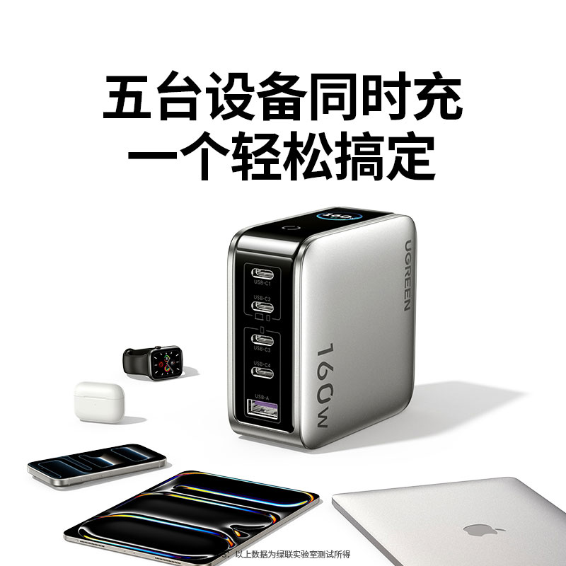 意昂2速显充 160W快充屏显氮化镓五口充电器