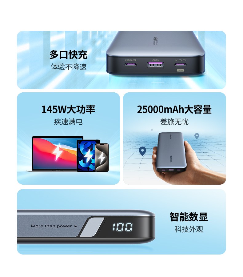 25000mAh超大容量充电宝 可为手机充电5次以上