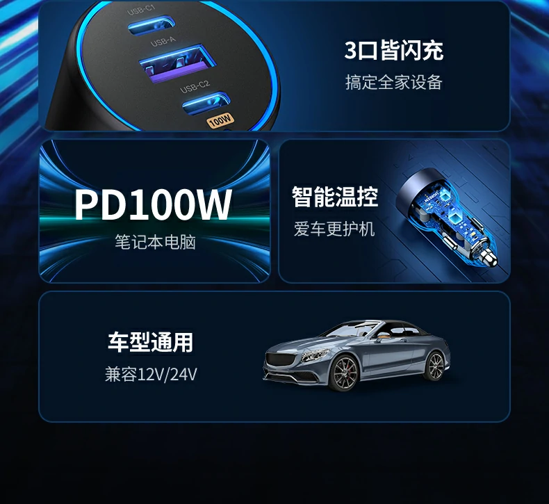 意昂2130W车载充电器快速充电展示