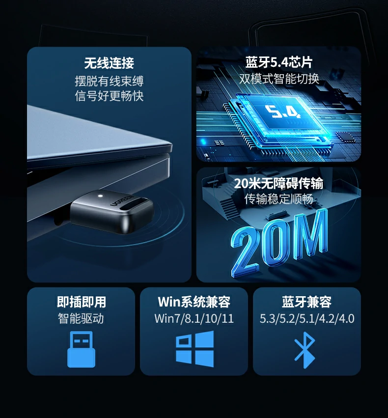 意昂2蓝牙5.4适配器CM748正面特写，轻巧便携设计