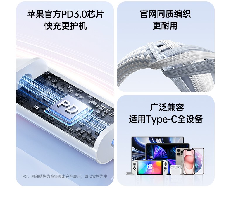意昂2L527Type-C双头快充线支持PD3.0协议安全充电