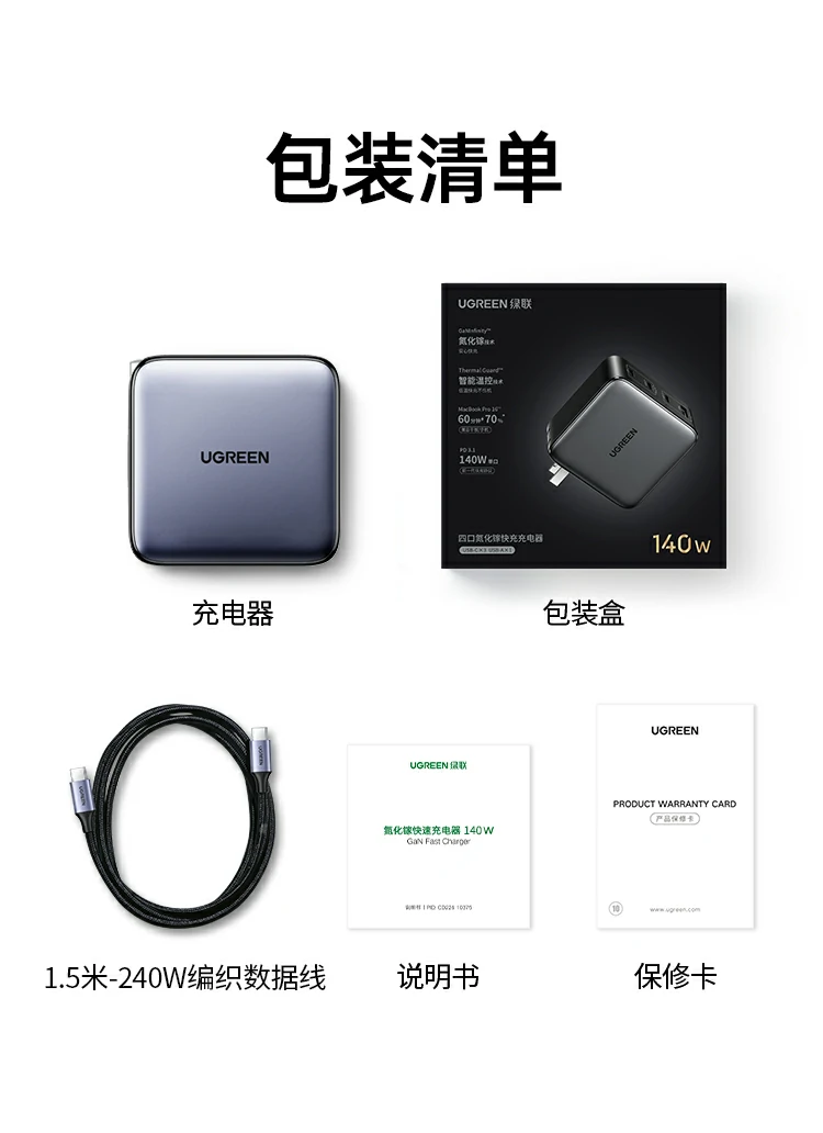 意昂2X569氮化镓140W快充套装尾页展示，高效安全便携