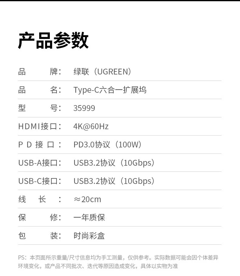 核心参数汇总图：4K60Hz、100W PD、2A2C USB3.2、10Gbps