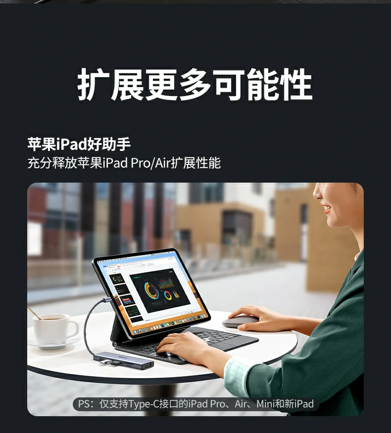 学生在图书馆用iPad+扩展坞完成在线课程作业