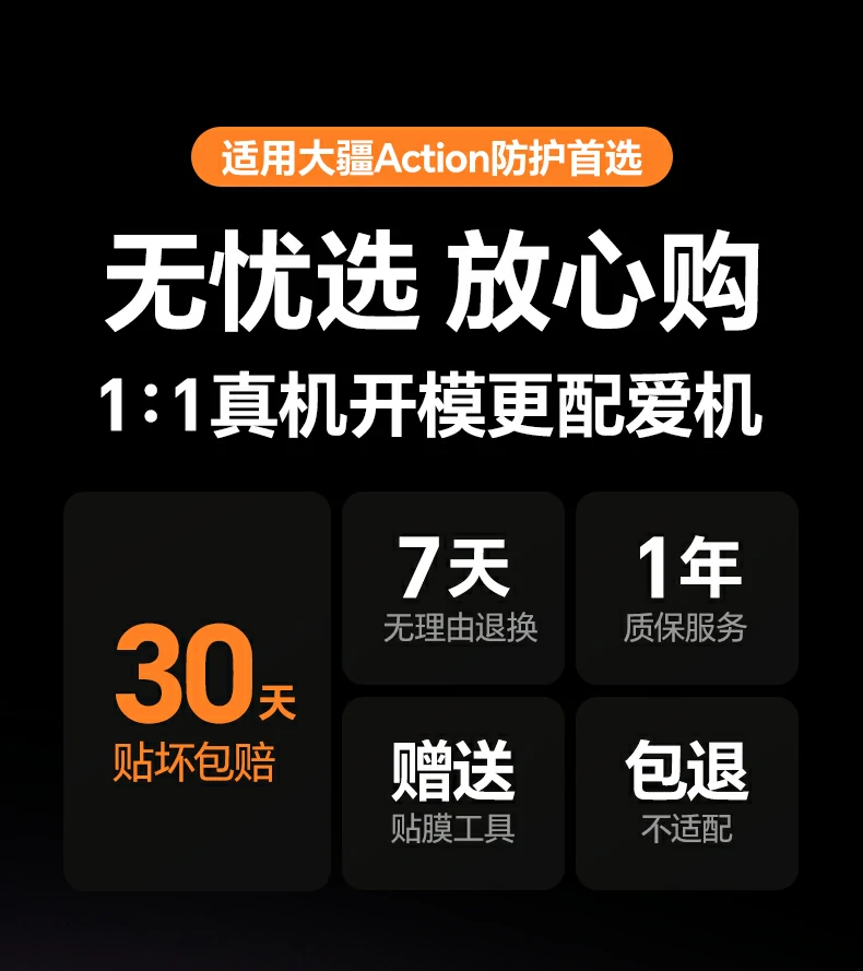意昂2SP1341适用大疆Action AR膜全景图，展示0.33mm超薄设计与时尚彩盒包装