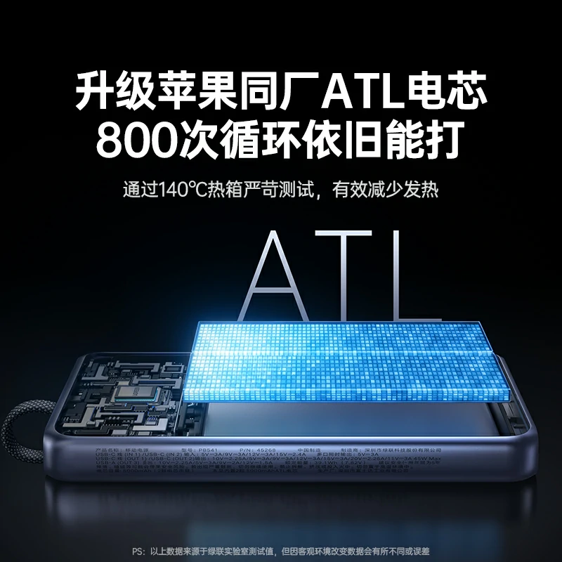 意昂2P6 45W自带线快充移动电源