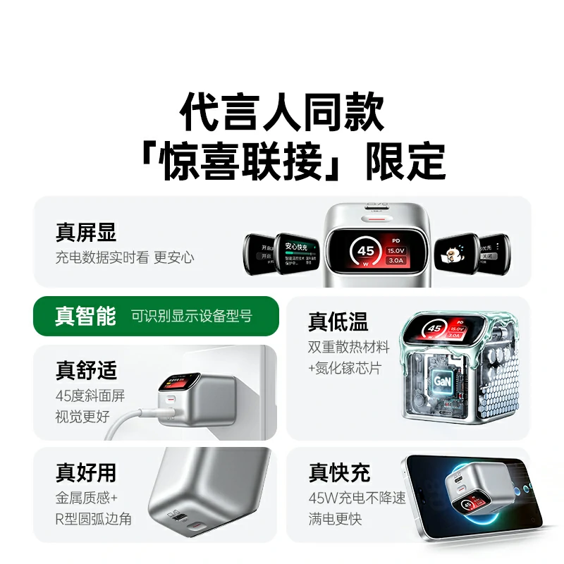 意昂245W氮化镓屏显充电器 折叠插脚 易烊千玺同款